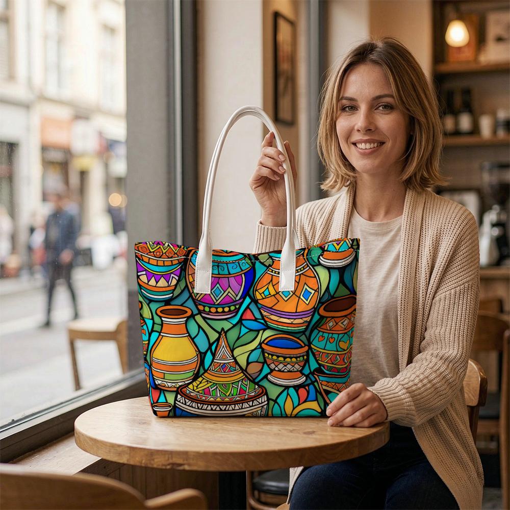 Bohemian Pottery Pattern Tote Bag for Daily Shopping Travel Commute Lightweight Fashion Large Capacity Casual Handbag