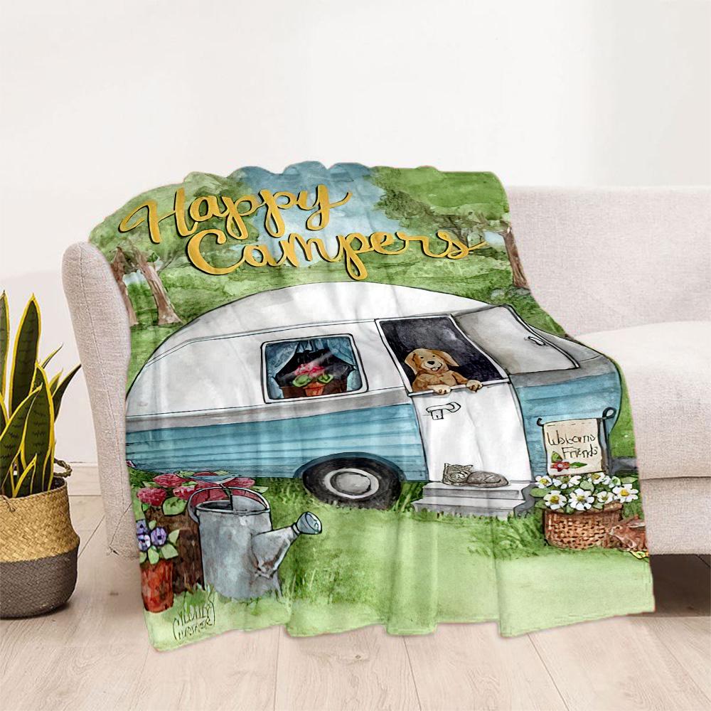 Happy Camper Adventure Blankets Are Suitable for Living Rooms,making Them an Ideal Choice for Outdoor Travel and Gifts.