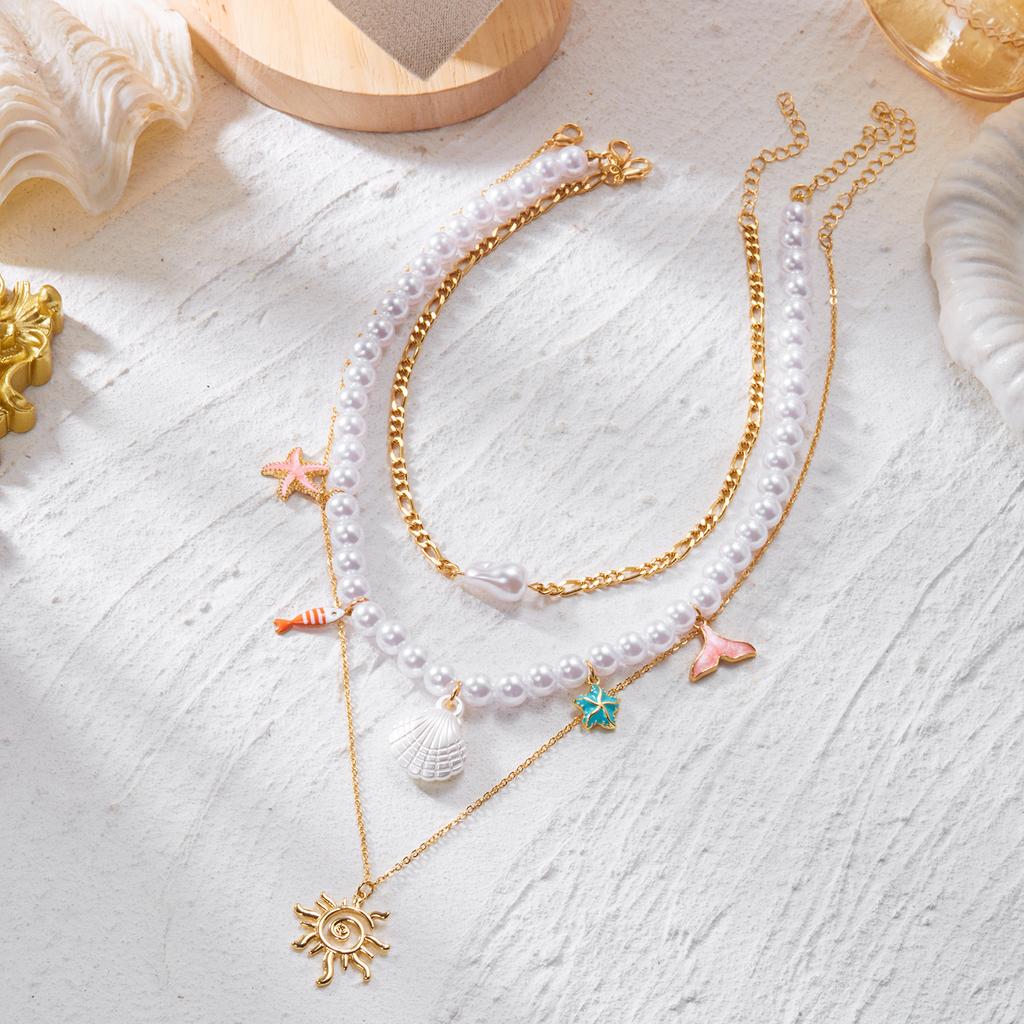 Bohemian Beach Shell Conch Beaded Necklace for Women Ocean Style Seashell Starfish Sun Pendant Choker Vacation Party Jewelry