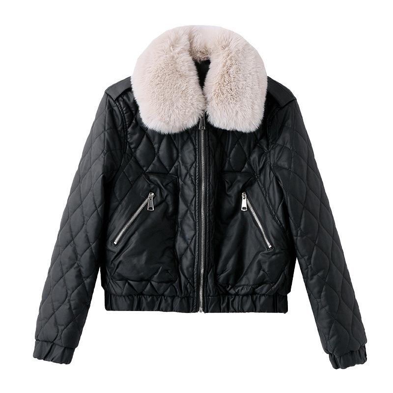 Women's Winter Korean Style PU Leather Coat with Fleece Lining and Fur Collar