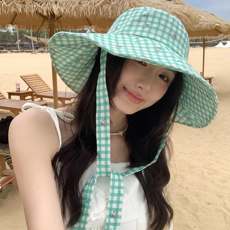 1Pcs Double-sided Plaid Wide-edged Lace-up Bucket Hat Summer Outdoor Versatile Sunscreen Sweet Mountaineering Hat