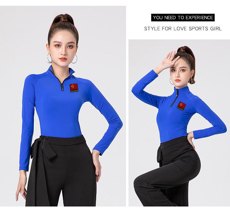 Women's Long Sleeve Zipper High Collar Latin Dance Tops for Autumn and Winter Training