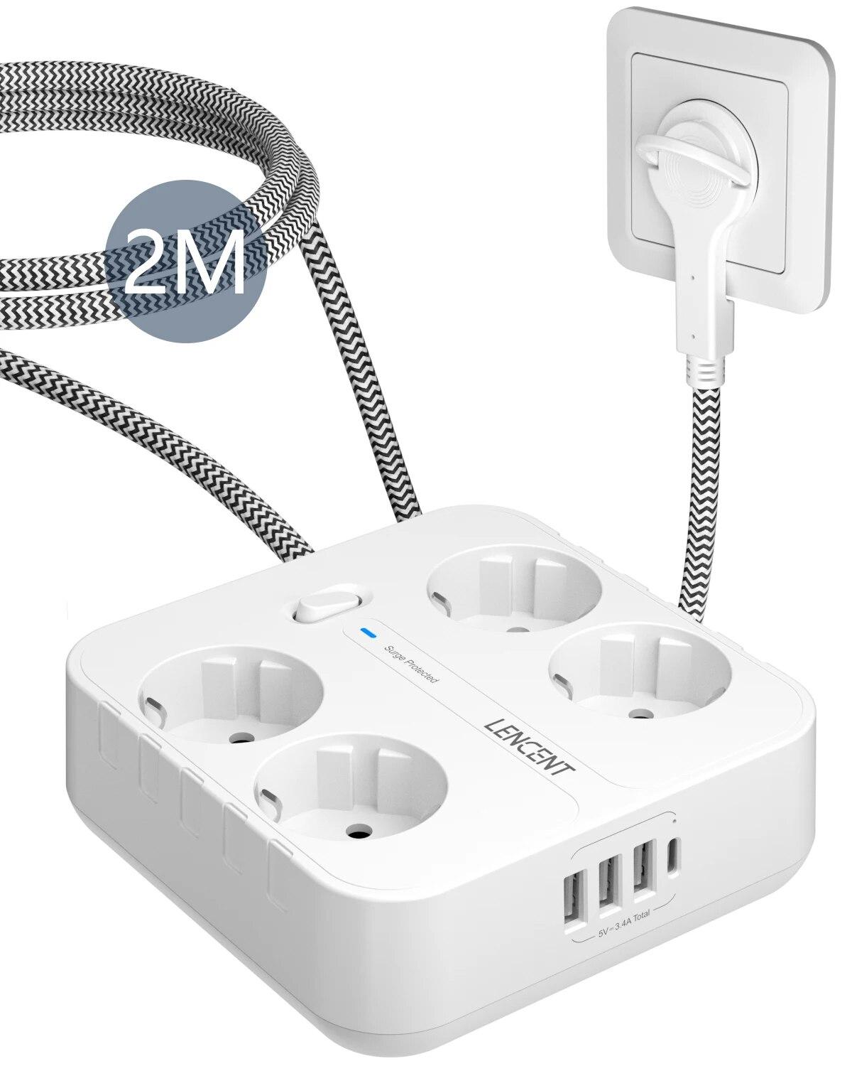

LENCENT EU Plug Подовжувач живлення з 4 розетками змінного струму + 3 USB + 1 кабель типу C +2M/3M Multi Socket з вимикачем для дому/офісу EU Plug