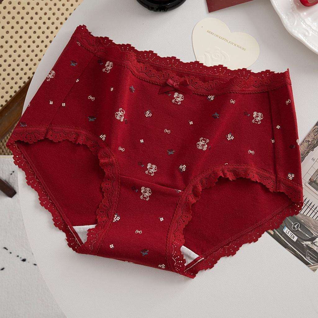 Plus Size Lady Spring and Summer Wedding Celebration Red Lace Cotton Extended Middle Waist Triangle Briefs