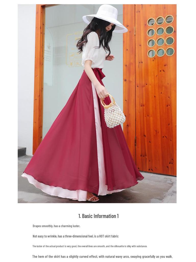 Two-Tone Satin Chiffon Lace-up Dance Midi Skirt for Women
