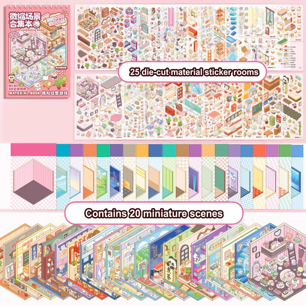 45 pcs Miniature Scenes Cartoon Landscape Sticker Book DIY 3D Sticker Cabin Scenes Children's Back to School Gifts