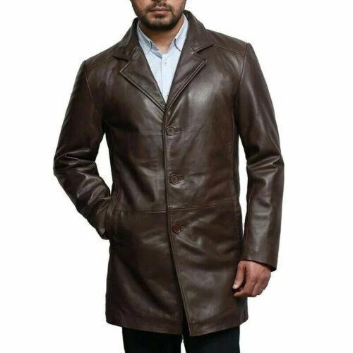 Handmade Stylish Formal Casual Brown Men Halloween Lambskin Leather Trench Coat