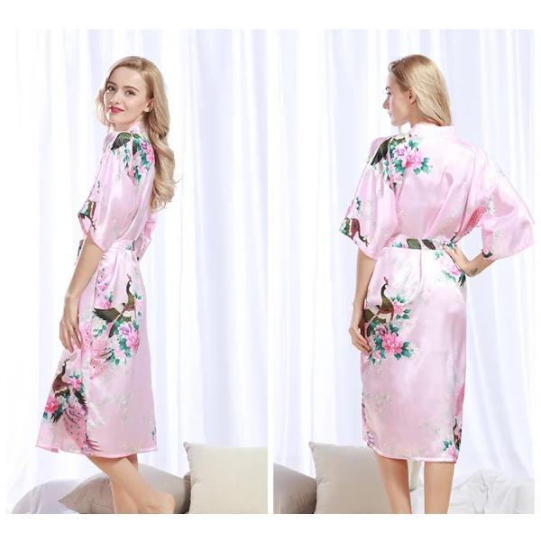 Женские шелковые атласные халаты-кимоно, длинная пижама, халат с цветочным принтом и павлиньим узором, для вечеринки, свадьбы, подружки невесты XL розовый