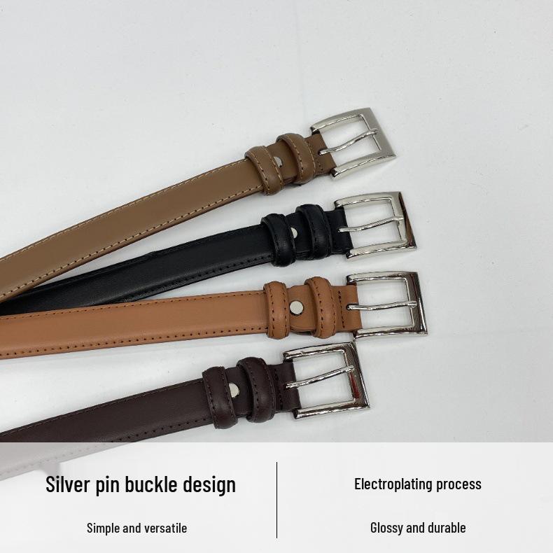 Retro Korean Style Women's Black Leather Belt with Silver Pin Buckle