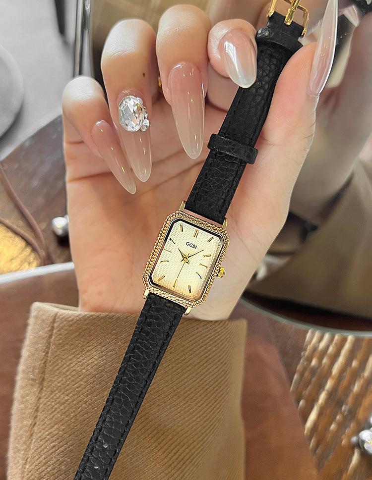 GEDI Brand Women Watch Square Dial Retro Diamond Inlaid Light Luxury Leather Waterproof Female Fashion Quartz Clock Watches