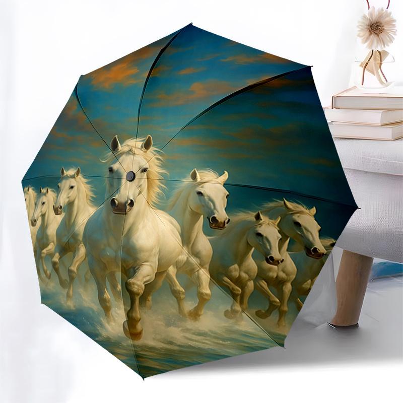 Elegant White Horse Stamp Design Automatic Opening/Closing Umbrella with Foldable Design, , Travelers, Daily Use - Perfect Gift for All Occa