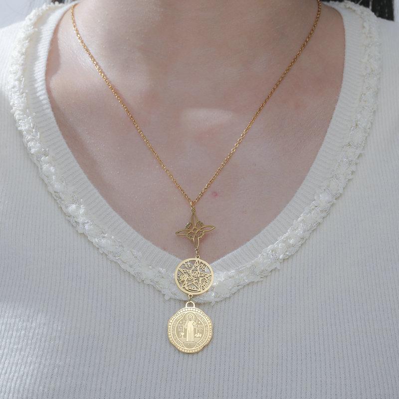 Double Sided Etched Saint Benedict Pentagram Witch Knot Triple Pendant Necklace Vintage Religious Jewelry