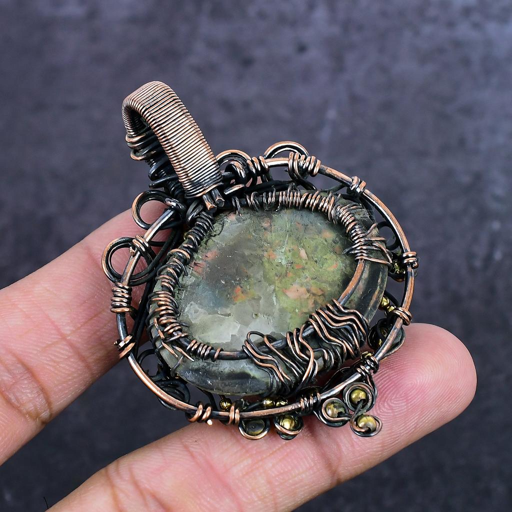 Unakite Gemstone Handmade Copper Wire Wrap Jewelry Pendant 2.56" ET-4932