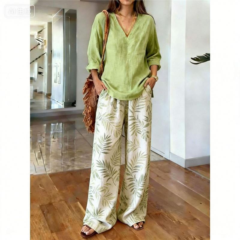1D New Vacation Casual Suit Women's Bohemian Printed Cotton and Linen Shirt Wide Leg Pants Two-piece Set