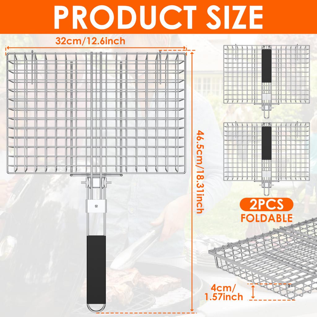 1/2Pcs Grill Basket Folding Portable Stainless Steel BBQ Grill Basket with Handle for Fish Vegetables Shrimp Cooking Accessories