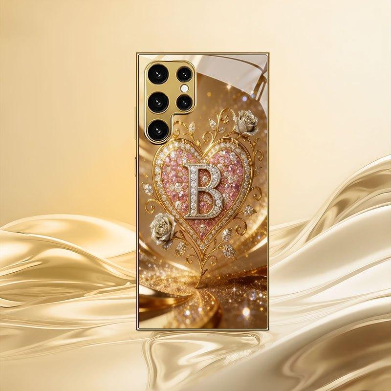 gold-plated phone compatible with Samsung Galaxy S26 S25 S24 S23 S22 Ultra Plus. made  tempered glass decorated heart pattern
