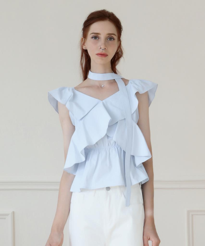 Keulleiseu V-Neck Frill Sleeveless Blouse_Light Blue