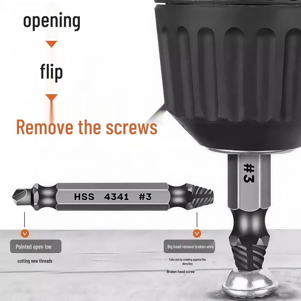 Rusted Wire and Screw Head Extractor with Reverse Thread and Tapered Teeth