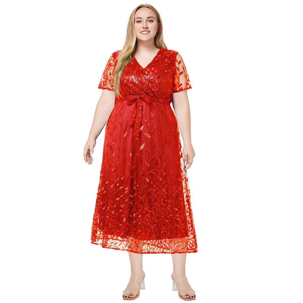 2026 Plus Size V-neck Short Sleeve Sequin Embroidery Bridesmaid Banquet Dress for Spring/Summer (European/American Style)