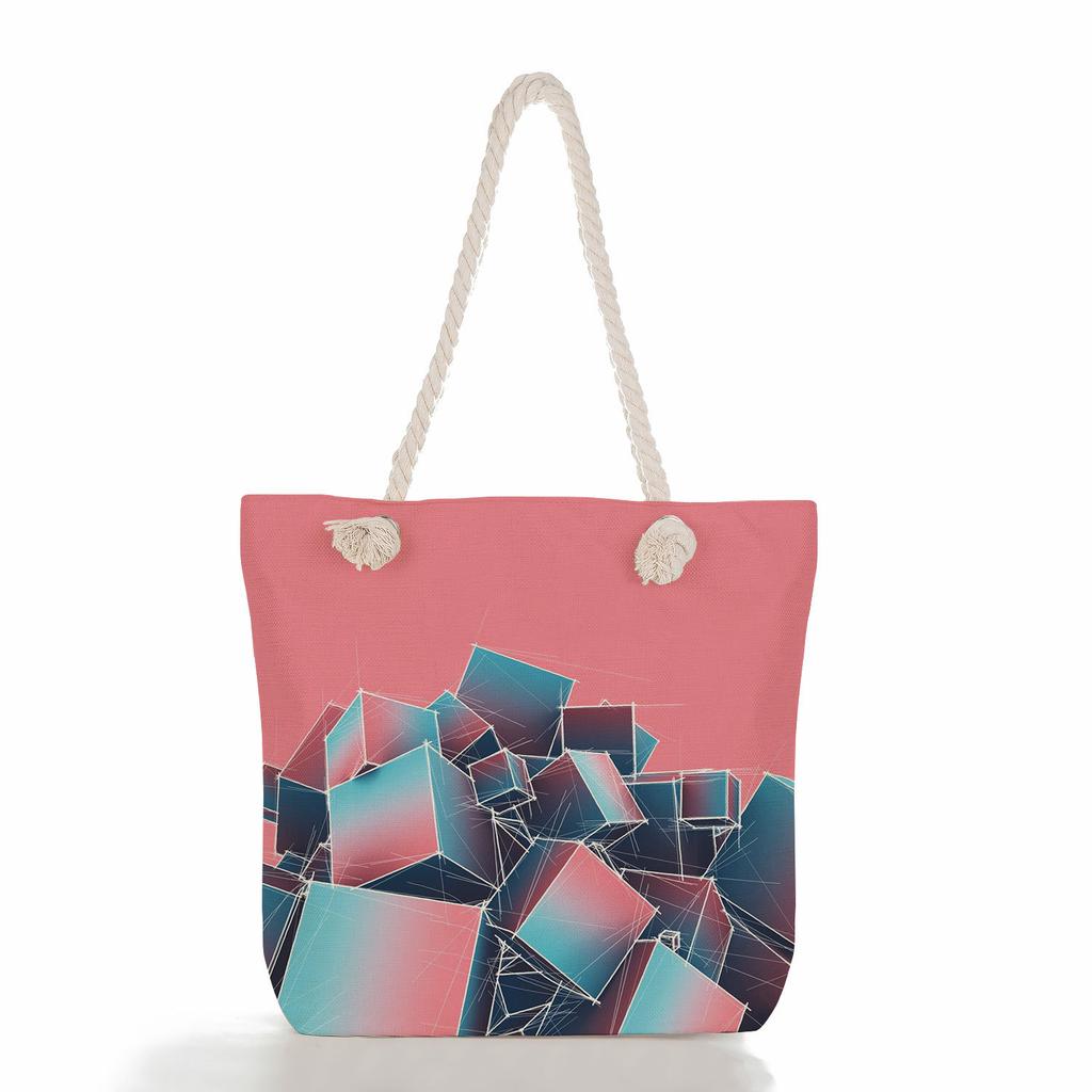 Multifunctional Geometric Shapes Printed Thick Rope Shoulder Beach Bag Casual Large Capacity Handbag 7591