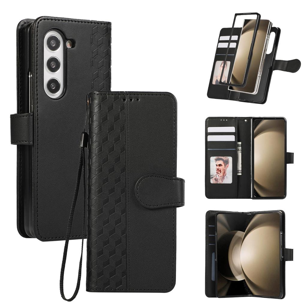 For Samsung Galaxy Z Fold7 5G Case 3D Rhombus Grid Imprinted Wallet Leather Phone Cover with Lanyard
