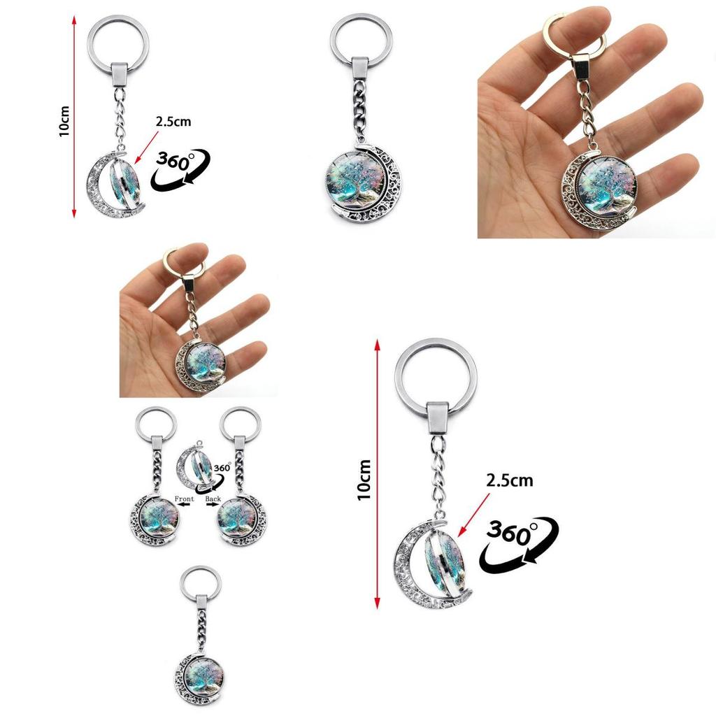 Tree Of Life Pattern Double-sided Rotating Moon Pendant Keychain Metal Key Ring Creative Small Gift Zinc Alloy
