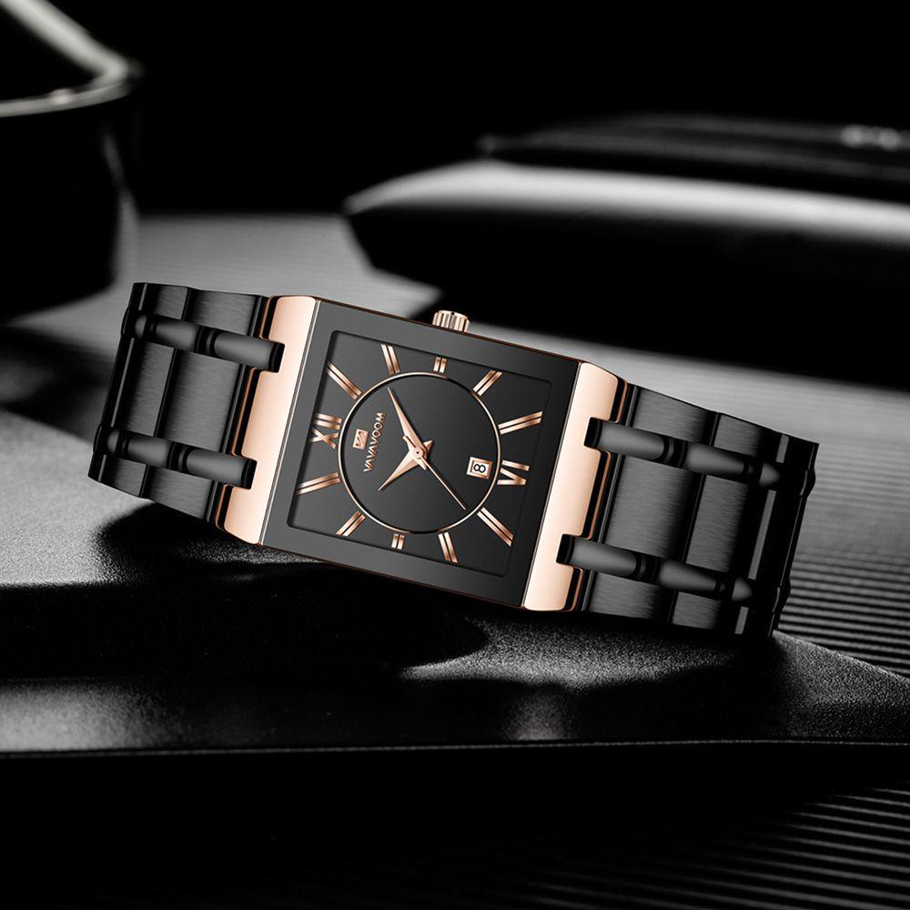 Men's Black Gold Quartz Waterproof Wristwatch with Steel Band