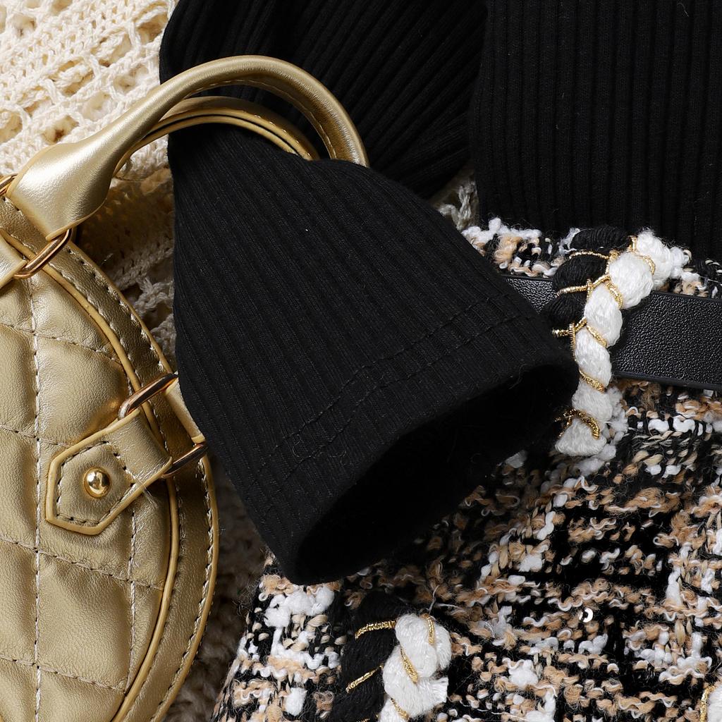 Children's Clothing Girls Autumn Winter Mid-Neck Long Sleeve Woven Tweed Short Skirt Belt Trendy Style Toddler Outfit