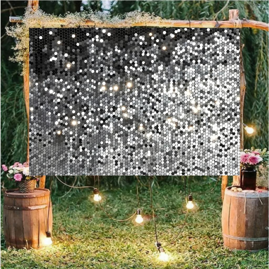 Černý a stříbrný třpytivý flitrovaný fotografický pozadí party banner pro narozeninové oslavy a maturitní plesy