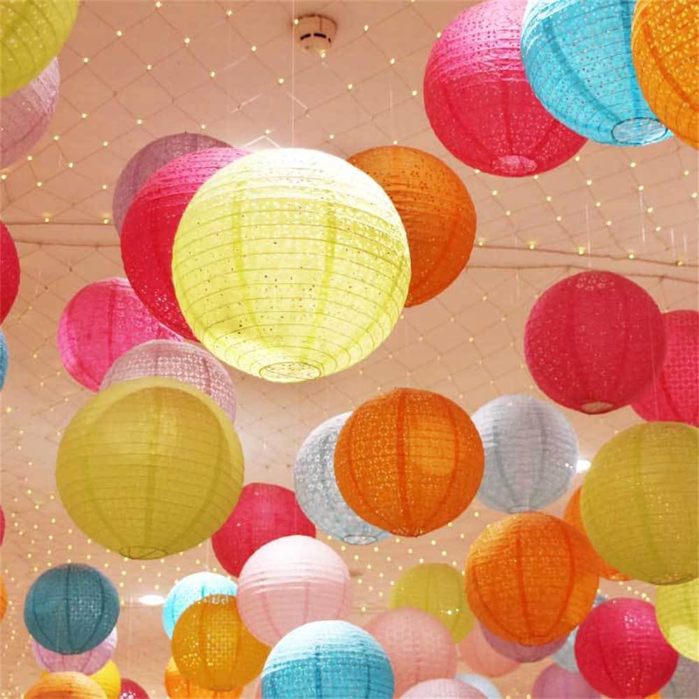 DUOLEIMI Paper Lanterns for Obon Festivals, Openwork Paper Lanterns with LEDs, Colorful, Set of 10 (30cm Round)
