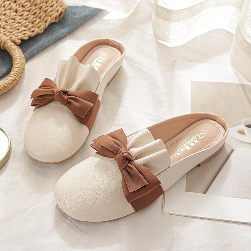 

Баотоу полутапочки женские для улицы 2025 осень новинка бант модные мюли французские плоские одинарные туфли сандалии 33 абрикосовый