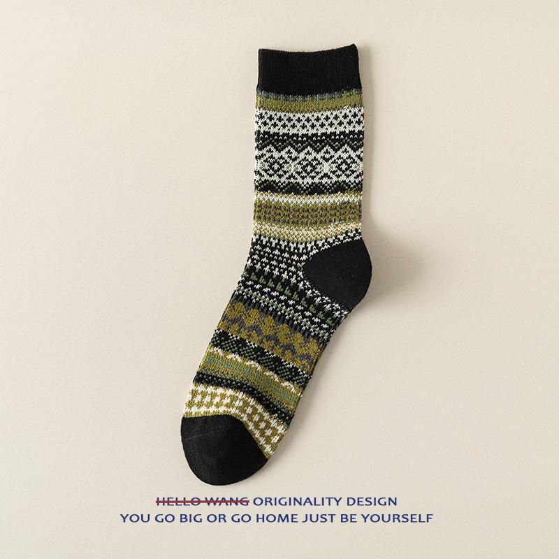 HW2025 Men s Ethnic Style Mid-Calf Socks: Double Needle, Japanese Retro Knit Men s 40-44 чёрный