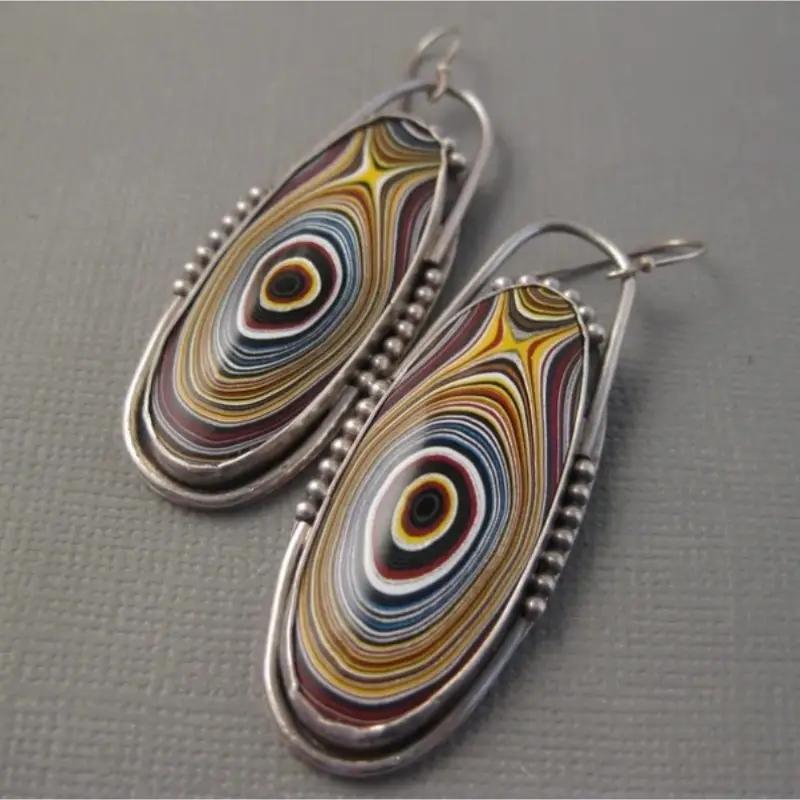Delicate Oval copper Color Earrings for Women Boho Handmade Metal Inlaid Round Brown Stone Dangle Earrings Jewelry Gift