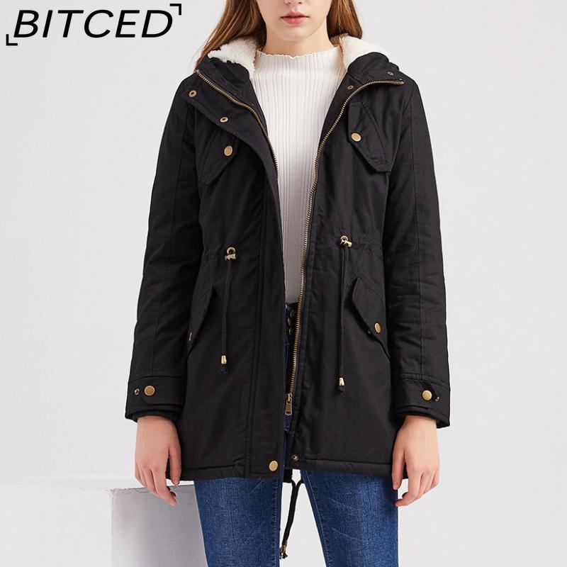 BITCED Autumn/Winter Women's Cotton Coat Solid-Colour Hooded Parka Thick Cotton Coat with Fleece Lining