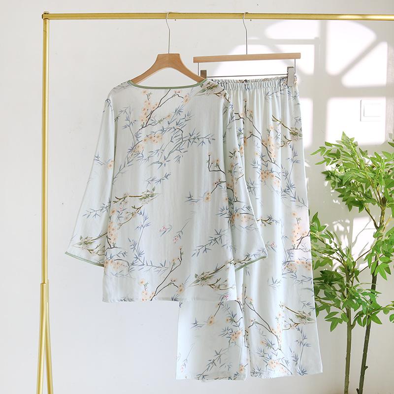 2026 New Women's Spring/Summer Pajama Set with Satin Viscous Soft 7-in-1 Sleeve and 9-in-1 Pants Two Piece Home Clothes Ladies