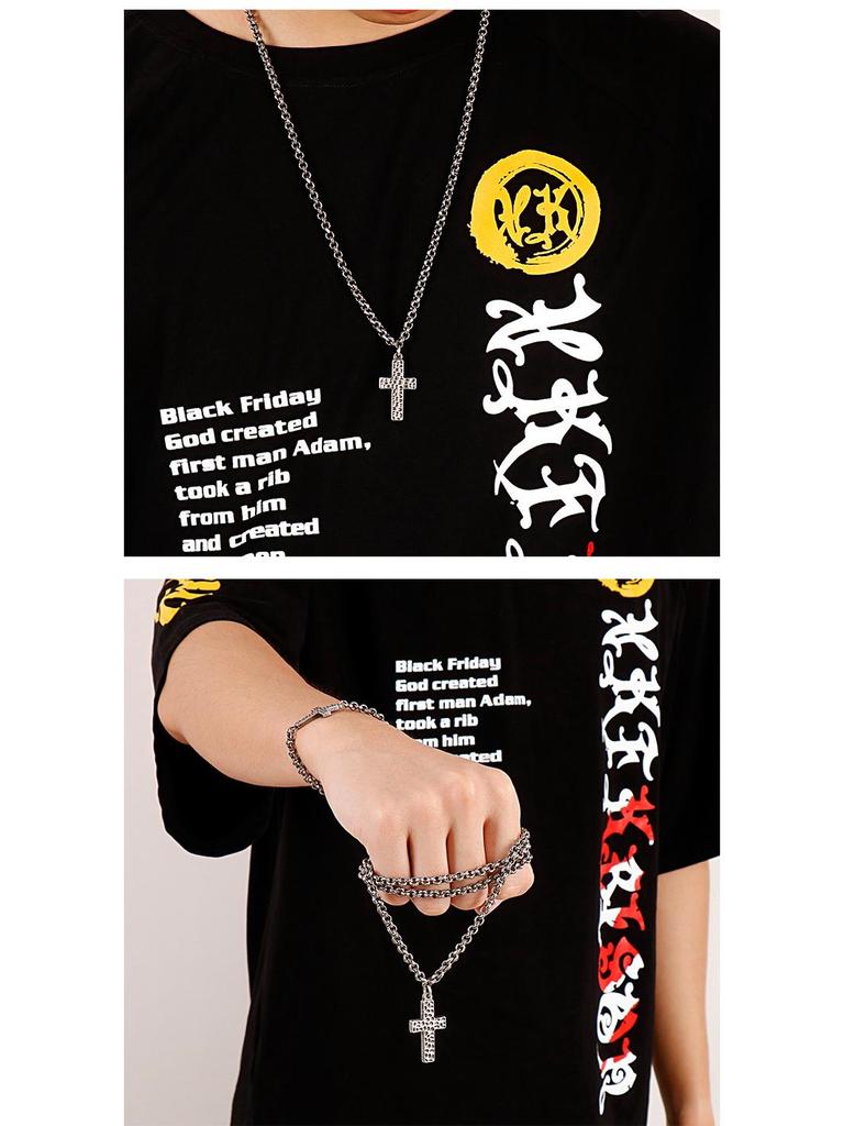 Korean Style Stainless Steel Cross Necklace & Men's Titanium Steel Bracelet Set