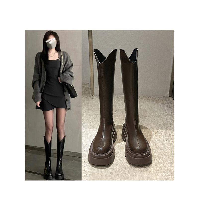 British style v-port high boots high heel niche brown long knight boots women's shoes 2025 autumn and winter new