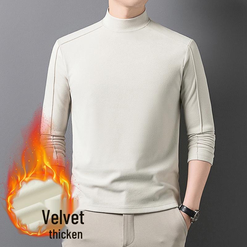 Men's Warm Self-Heating Fleece Hoodie - New Style, Half-High Collar, Long Sleeve, Skin-Friendly, Solid Color, Versatile Base Layer.