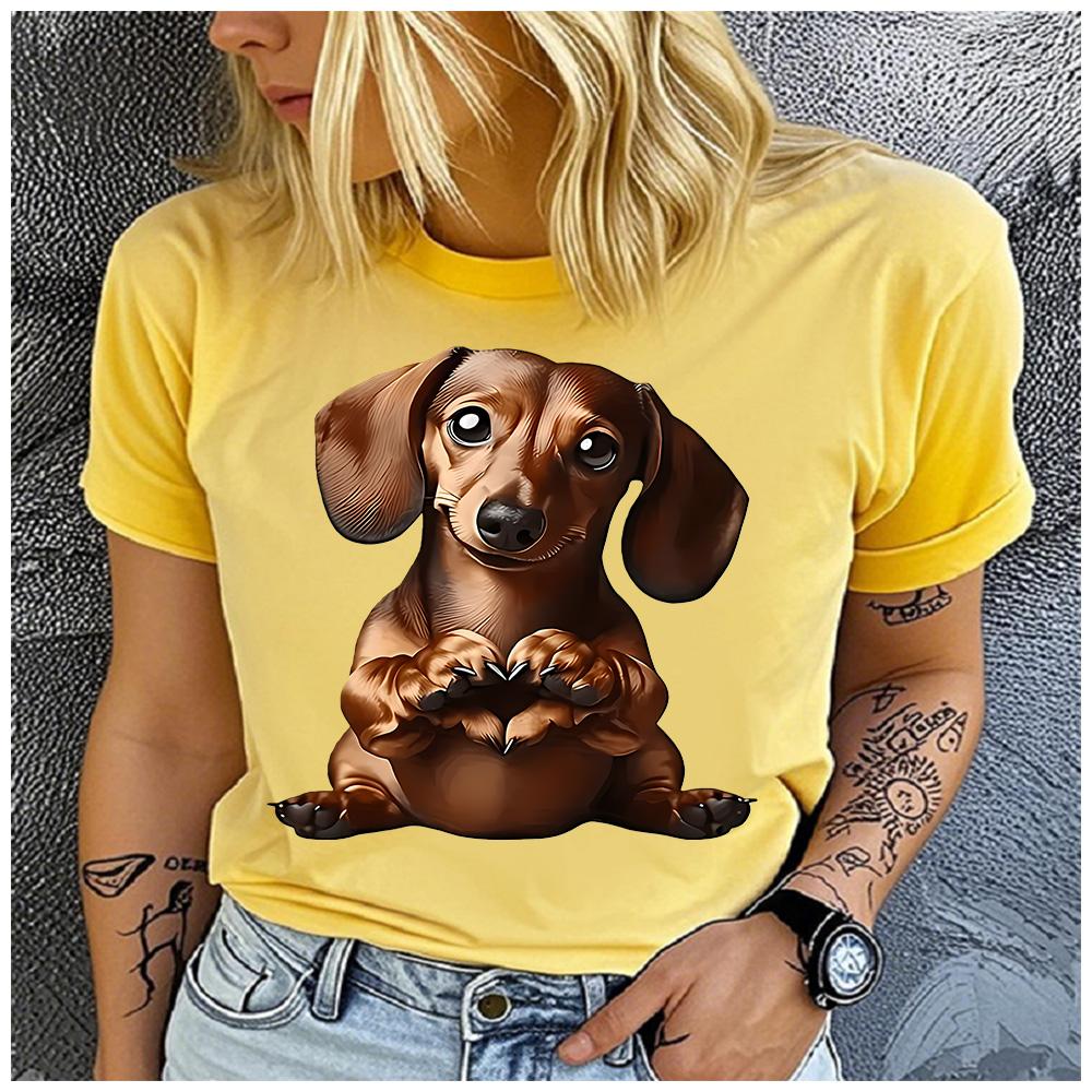 Polyester 100% Cute Dachshund Wiener Dog Heart Paws Graphic Women T-Shirt Pet Lover Cartoon Puppy Short Sleeve Casual Summer Tee