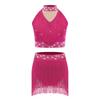 Girls Sparkly Sequins Dance Set Stand Collar Tank Top Fringe Bottoms for Stage Performance Jazz Ballet Shows