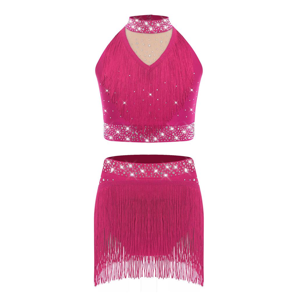 Dívčí třpytivý taneční set s flitry Stojáčkový top bez rukávů Třásně na spodním lemu pro pódiová vystoupení Jazzová a baletní představení