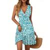 Women's Dress V-neck Sleeveless Casual Floral Print Hem Pleated Dress