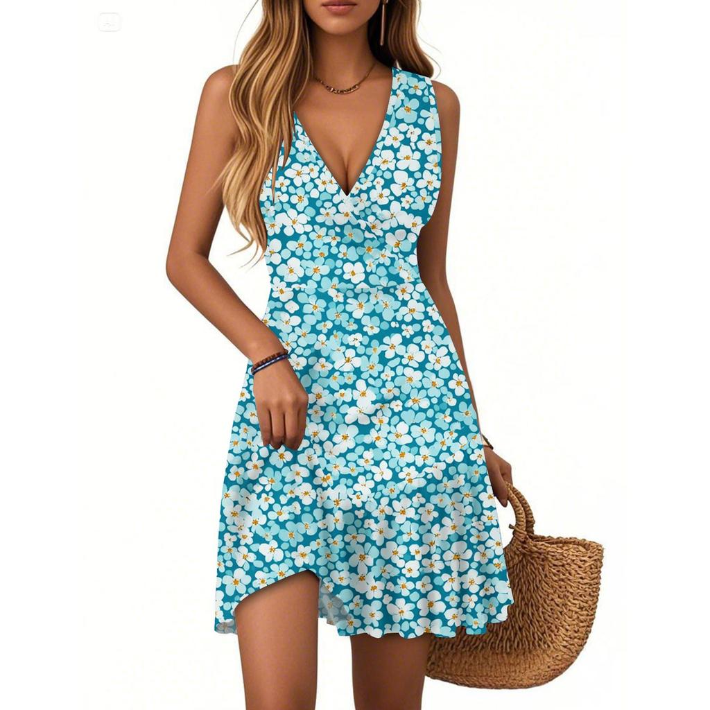 Women's Dress V-neck Sleeveless Casual Floral Print Hem Pleated Dress