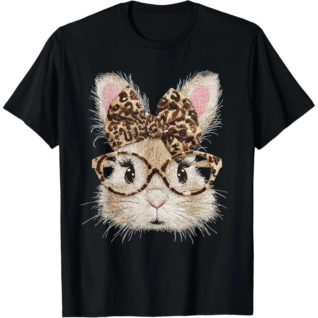 Leopard Bunny Face Glasses Easter Rabbit Graphic Tee Soft Summer New Casual Women Round Neck T-Shirt Funny Y2k Fashion Tops
