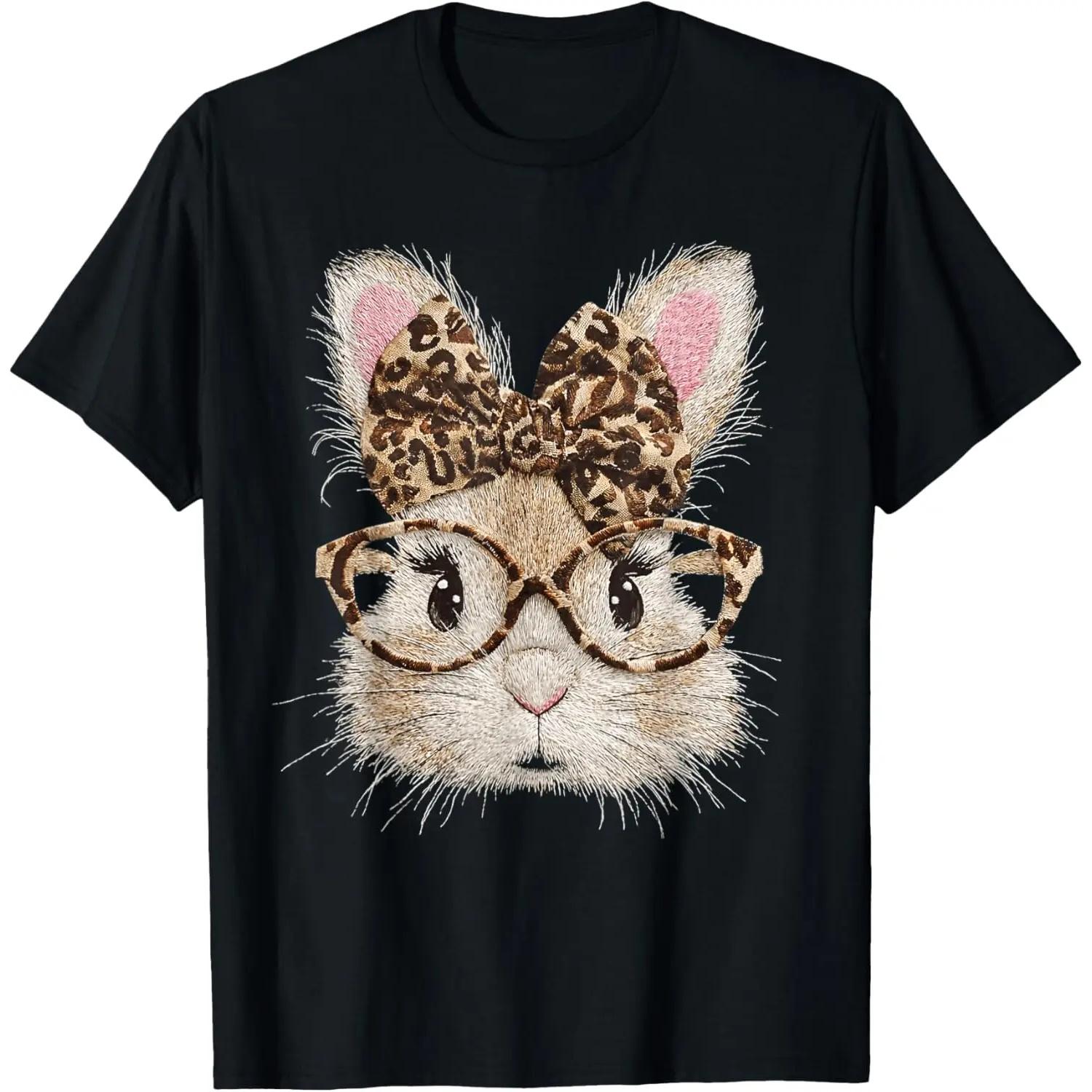 

Leopard Bunny Face Glasses Easter Rabbit Graphic Tee Soft Summer New Casual Women Round Neck T-Shirt Funny Y2k Fashion Tops S чёрный