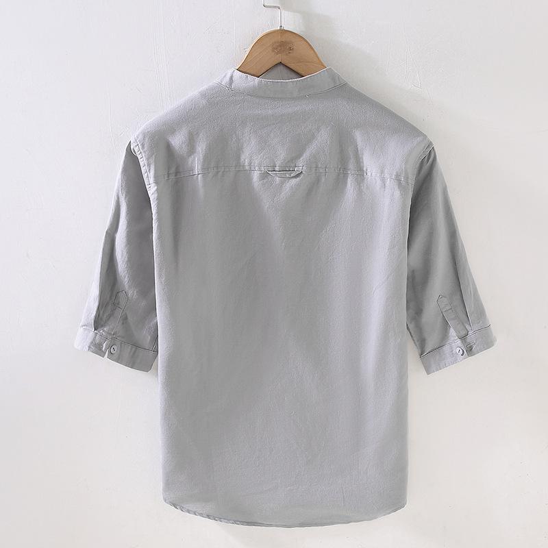 Beach Summer Tops Male Japanese Style Cotton Linen Short Sleeve Shirt Stand Collar Green Shirts for Men Breathable Clothing