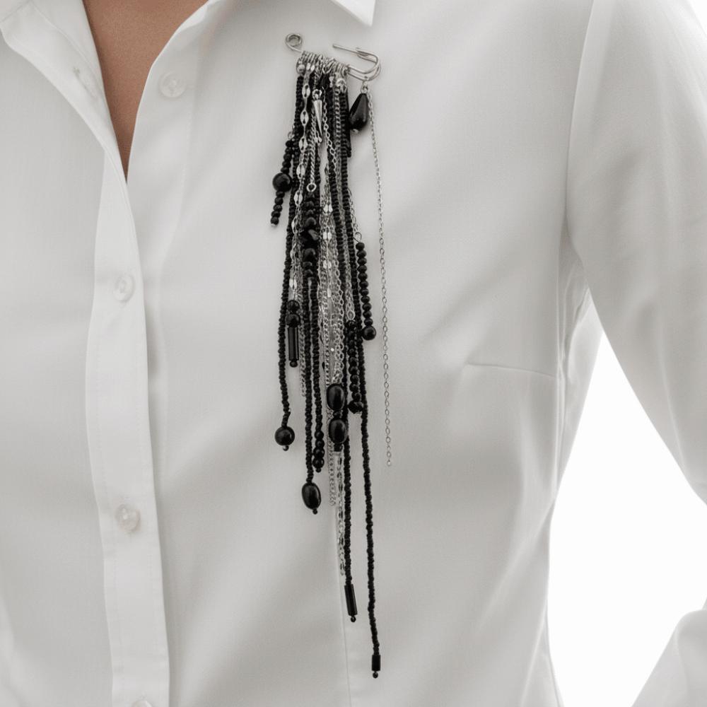 Black Crystal Crystal Beads Brooches Vintage Style Irregular Geometry Tassel Pendant Brooch Chain Bead Creative Design Lapel Pin