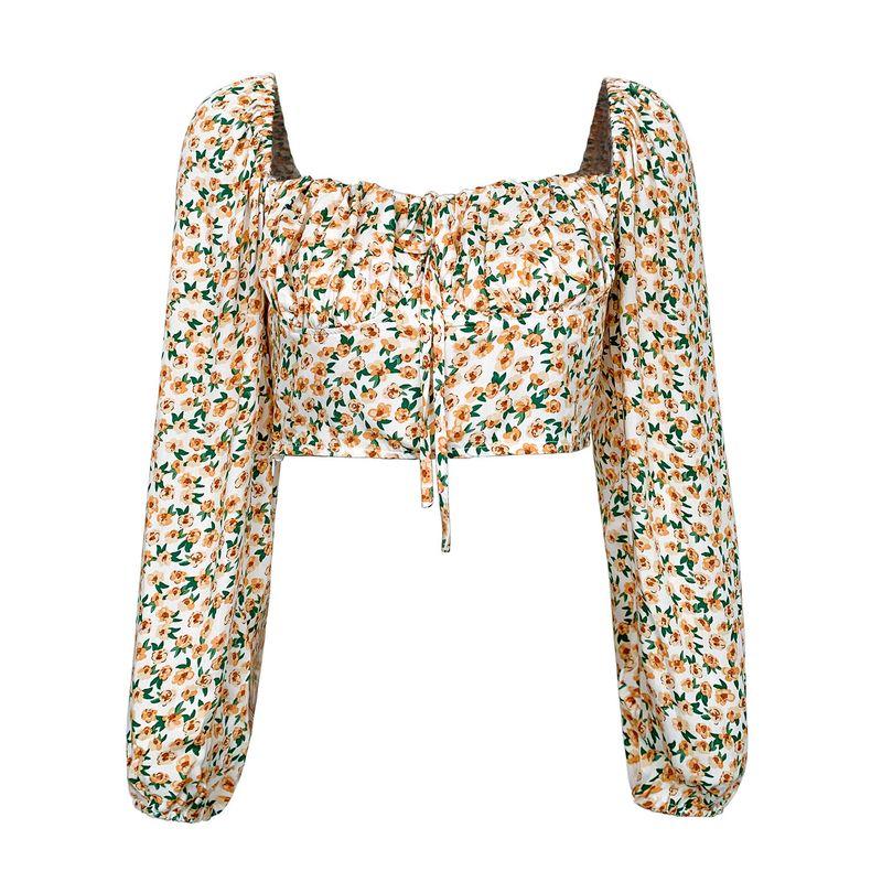 

European and American Cross-Border Women s Floral Shirts, Summer Retro Square-Neck Tops, Off-Shoulder Shirts, Off-Shoulder Tops for Women 9611-Floral Shirt S