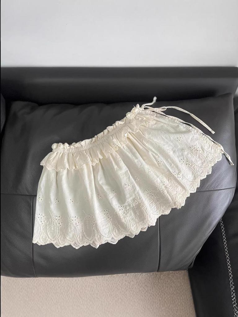Women's Casual Versatile Sweet Side Tie Layered Cotton Skirt with Embroidered Apron