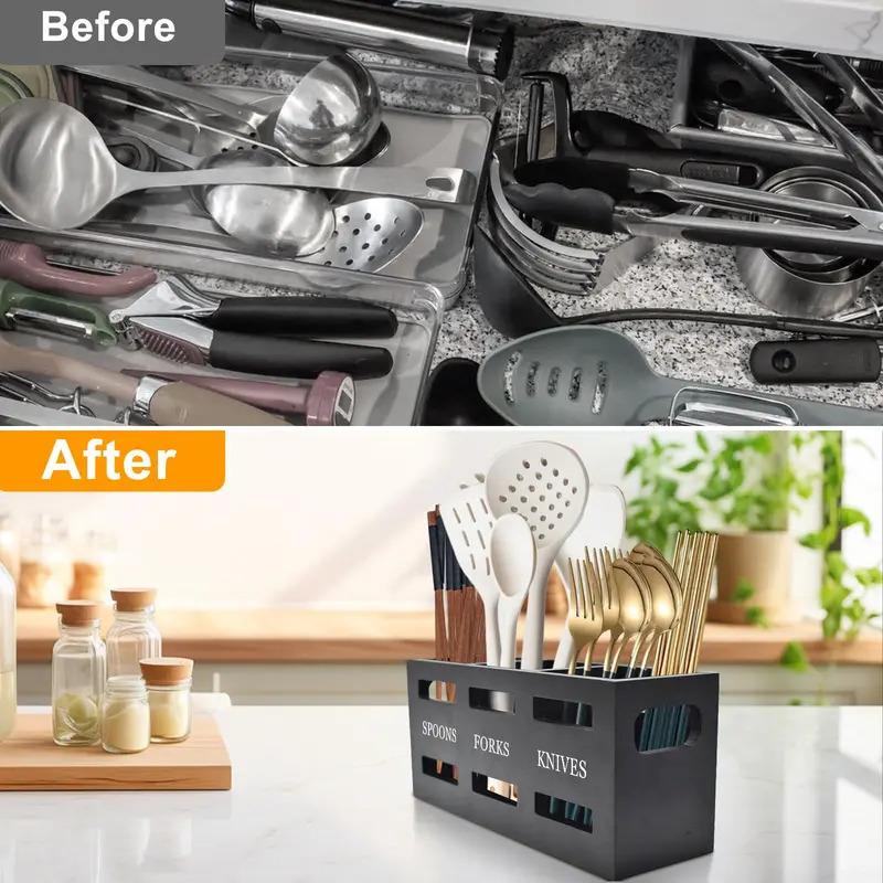 Houten 3-vaks Ontwerp Bestekhouder Werkblad Keukengerei Rek Mes Vork Lepel Opbergdoos Bestek Afdruiprek